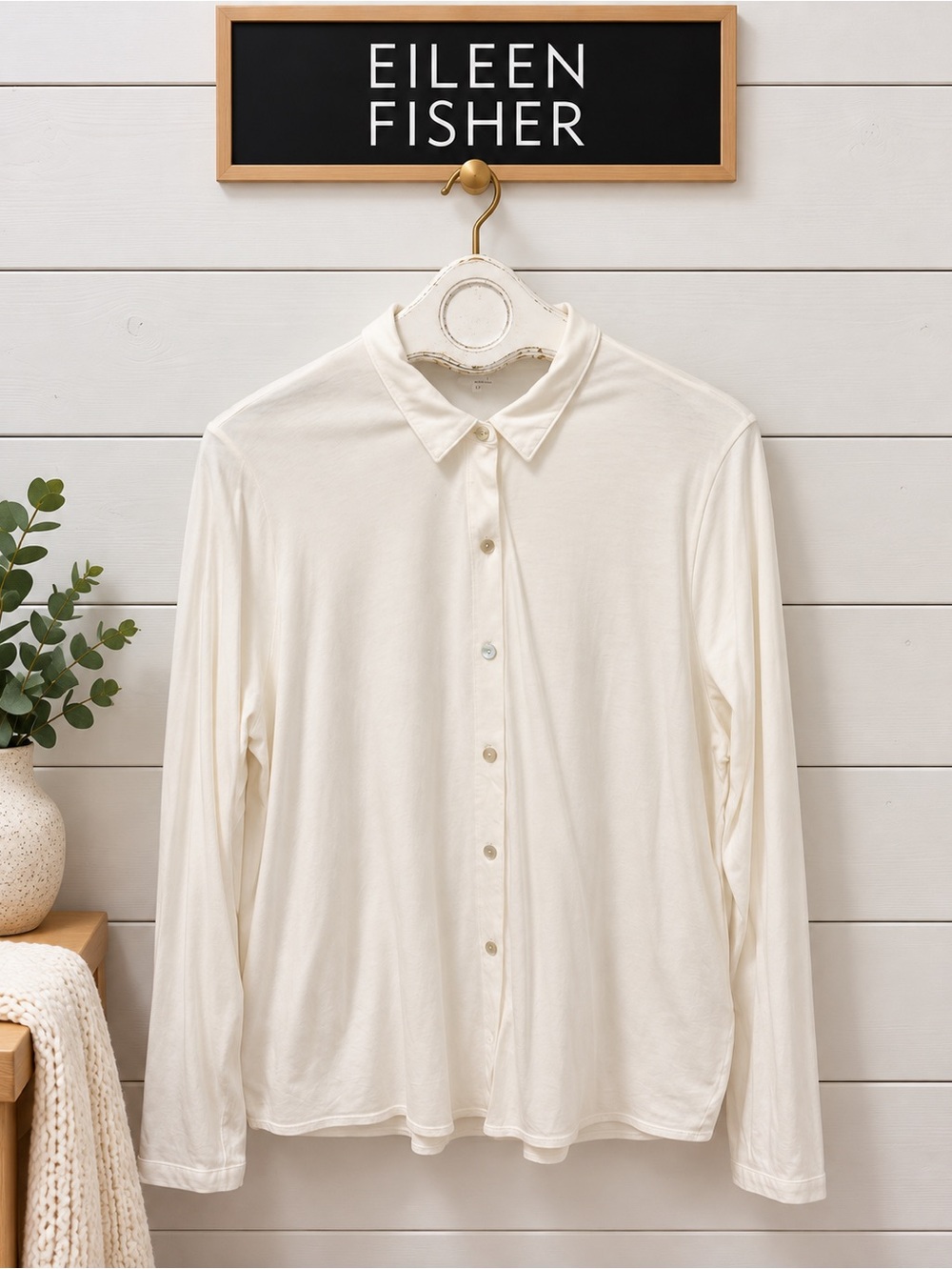 EILEEN FISHER – Organic Cotton Ivory Button-Up Shirt – Size L